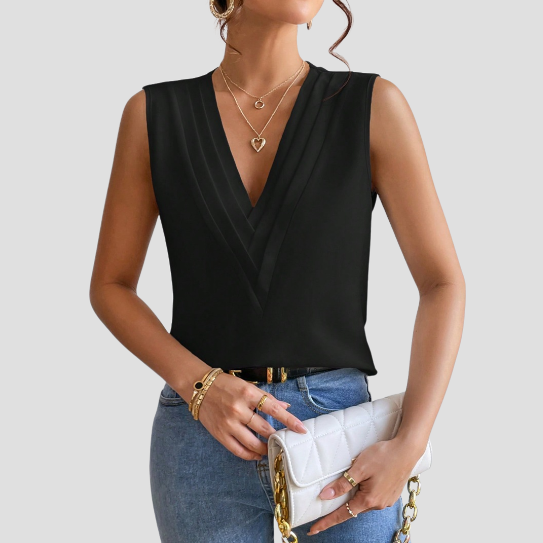 Cléa | Blouse Sans Manches Col Plissé | Élégance Estivale & Silhouette Épurée
