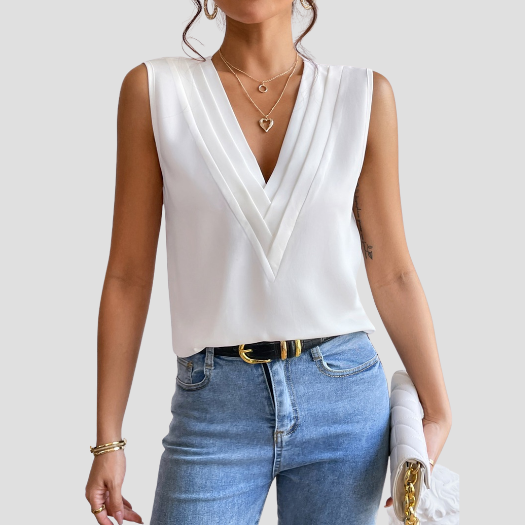 Cléa | Blouse Sans Manches Col Plissé | Élégance Estivale & Silhouette Épurée