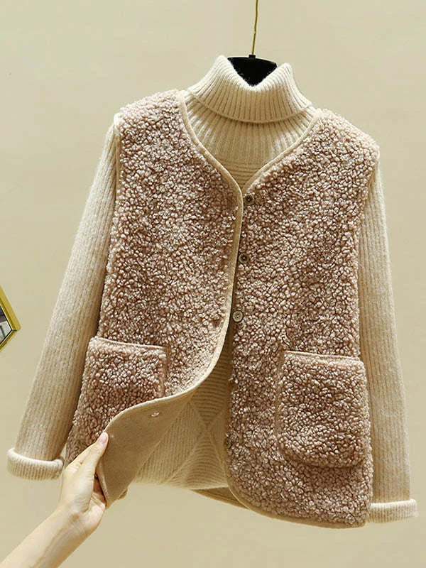 Chaleco sin mangas de lana de cordero cálido para mujer