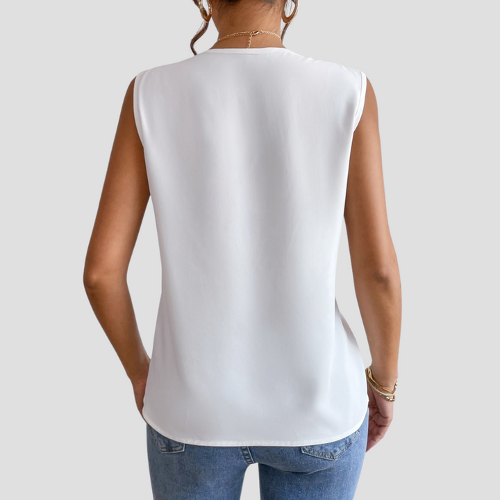 Cléa | Blouse Sans Manches Col Plissé | Élégance Estivale & Silhouette Épurée