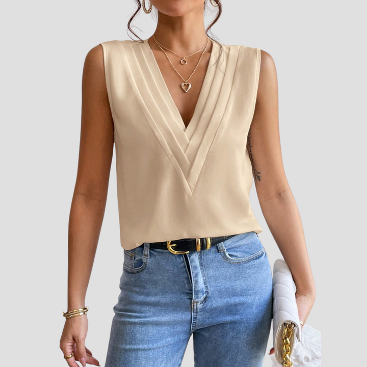 Cléa | Blouse Sans Manches Col Plissé | Élégance Estivale & Silhouette Épurée