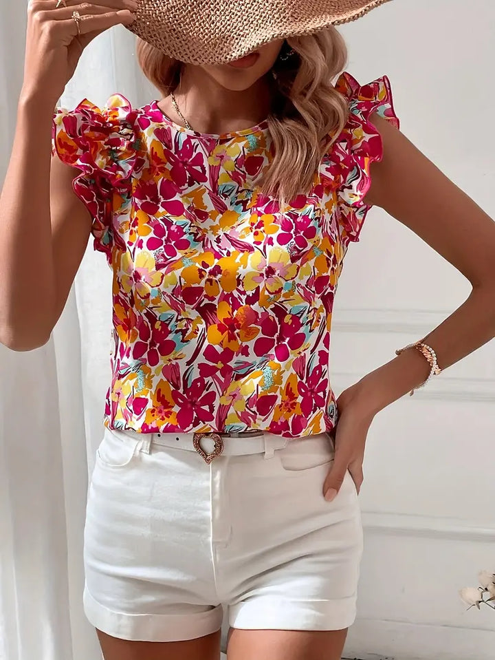 Boutique Chemisier Élégant à Col Rond | Imprimé Floral et Volants Féminins