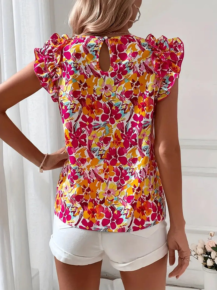 Boutique Chemisier Élégant à Col Rond | Imprimé Floral et Volants Féminins