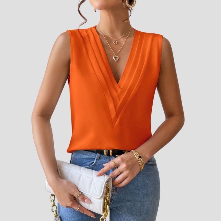 Cléa | Blouse Sans Manches Col Plissé | Élégance Estivale & Silhouette Épurée