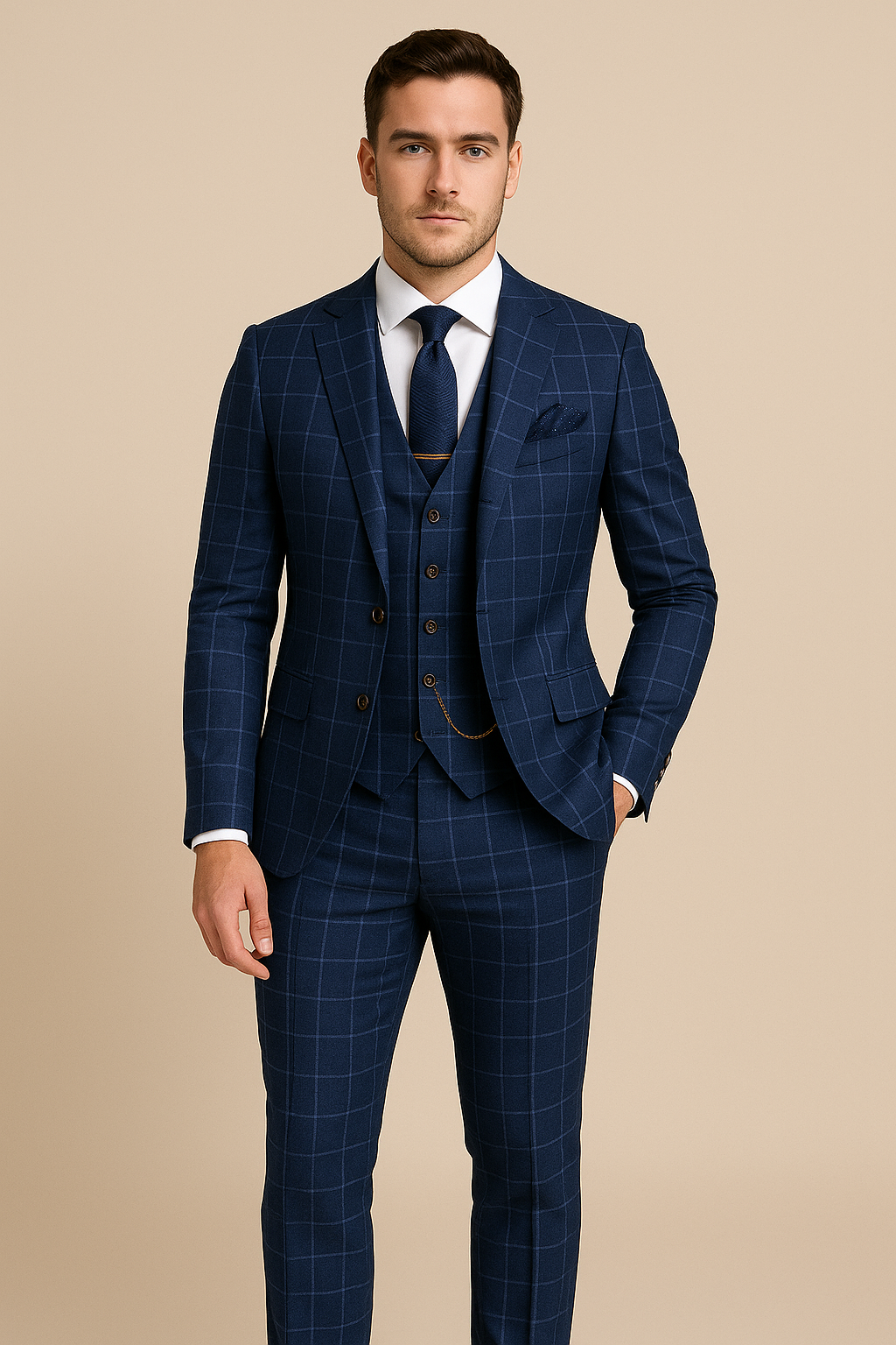 Costumes de luxe à carreaux bleu marine Slim Fit avec encoche