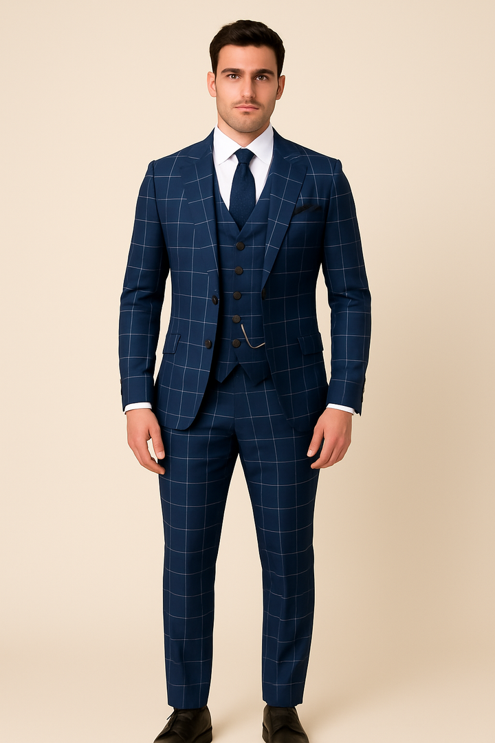 Costumes de luxe à carreaux bleu marine Slim Fit avec encoche