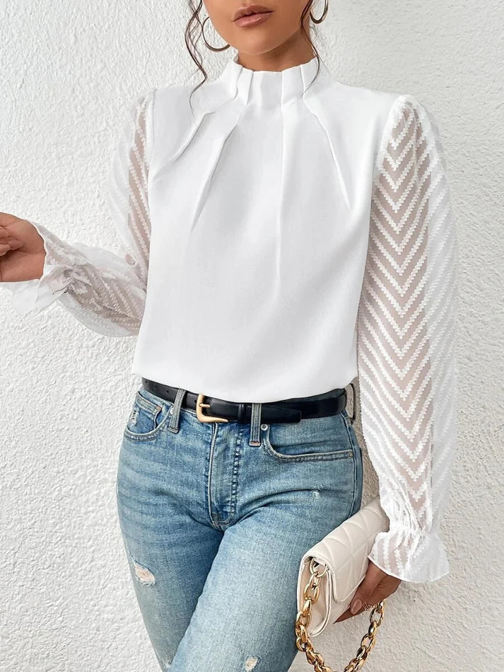 Blusa Fiona para mujer con detalle de gasa | Elegante blusa de manga larga con cuello semialto