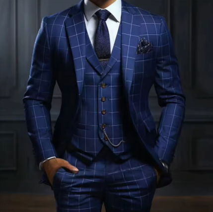 Costumes de luxe à carreaux bleu marine Slim Fit avec encoche