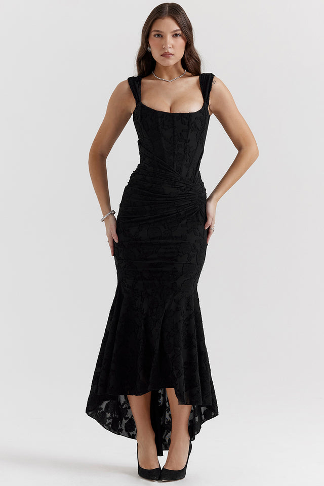 Zoey Robe de soirée pour femme | Robe lilas avec dentelle florale & ourlet asymétrique