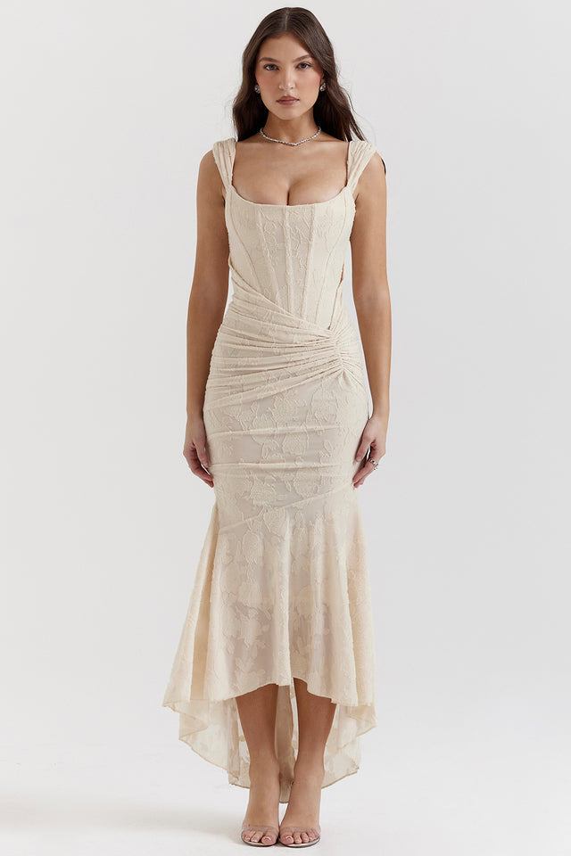 Zoey Robe de soirée pour femme | Robe lilas avec dentelle florale & ourlet asymétrique