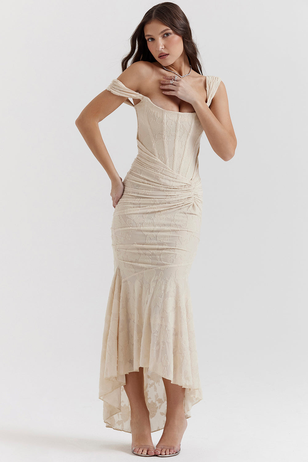 Zoey Robe de soirée pour femme | Robe lilas avec dentelle florale & ourlet asymétrique