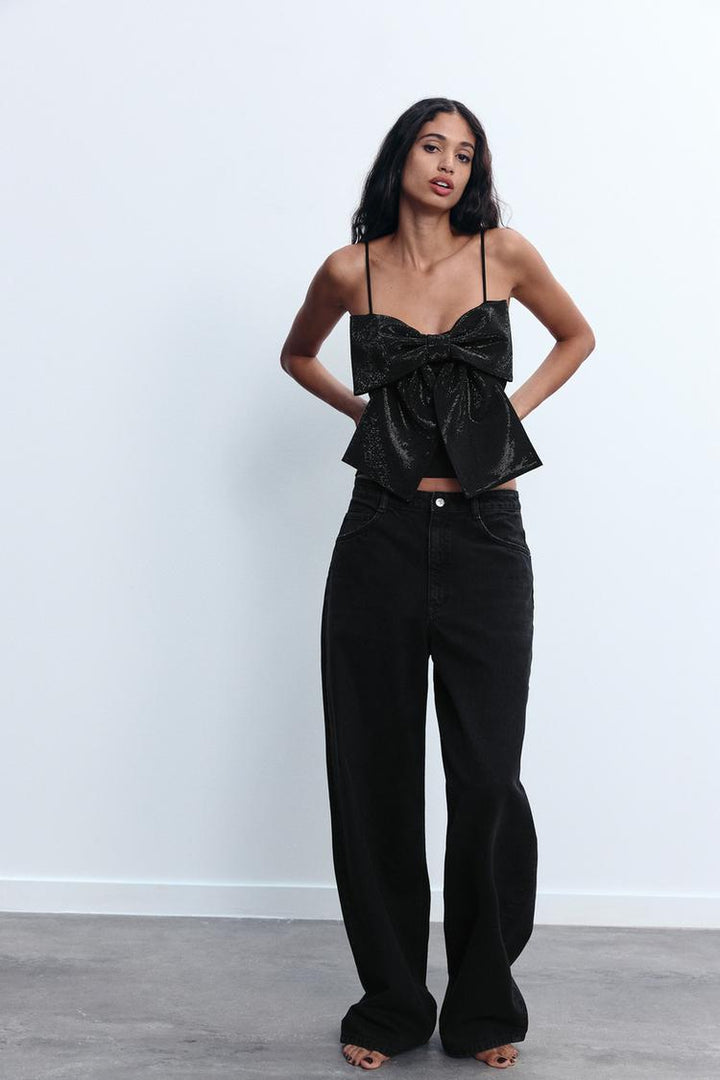 Loulou Débardeur femme pailleté avec noeud | Débardeur noir à paillettes pour les fêtes & occasions spéciales