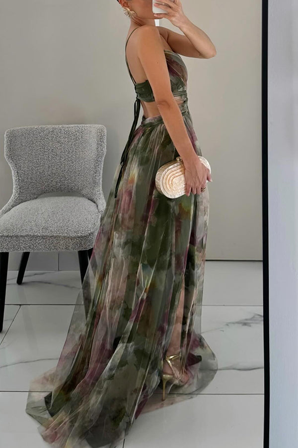 Abito lungo da donna Celeste | Abito in chiffon arioso con stampa floreale e spalline regolabili 