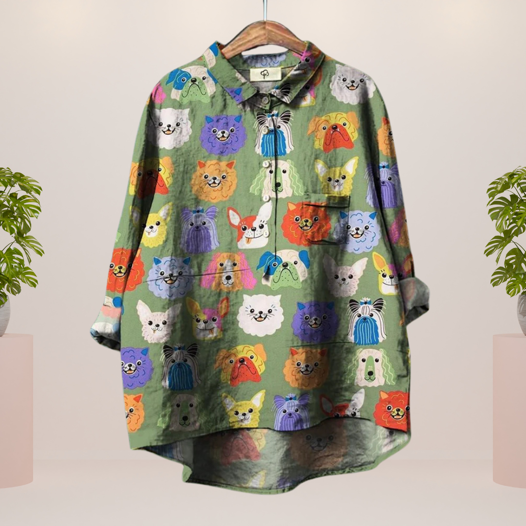 Chemise Milo pour femme avec illustration de chien colorée | Aéré, confortable & idéal pour les amoureux des chiens