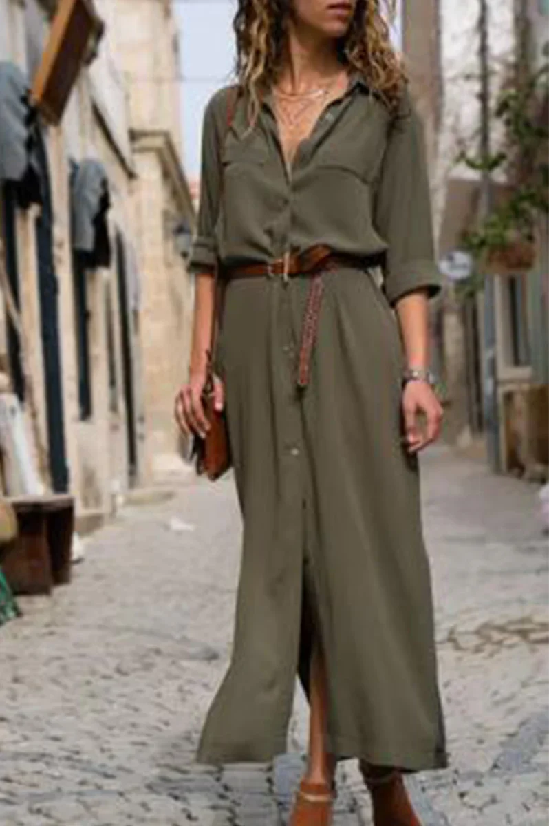Janna | Vestido camisero informal con cuello vuelto y patchwork liso | Elegancia para el día a día