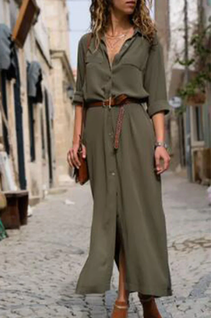 Janna | Vestido camisero informal con cuello vuelto y patchwork liso | Elegancia para el día a día