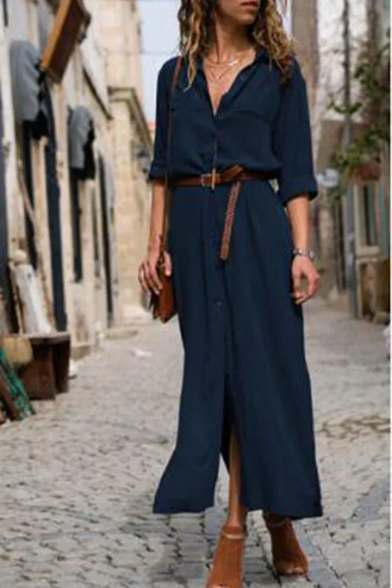 Janna | Vestido camisero informal con cuello vuelto y patchwork liso | Elegancia para el día a día