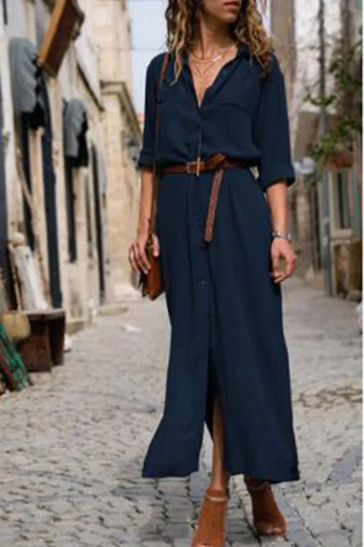 Janna | Vestido camisero informal con cuello vuelto y patchwork liso | Elegancia para el día a día