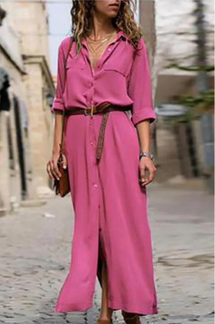 Janna | Vestido camisero informal con cuello vuelto y patchwork liso | Elegancia para el día a día