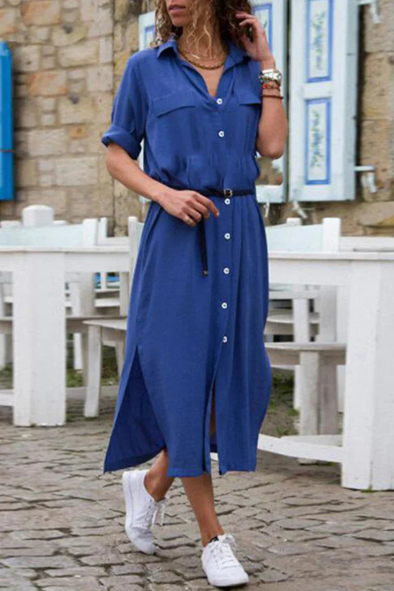 Janna | Vestido camisero informal con cuello vuelto y patchwork liso | Elegancia para el día a día