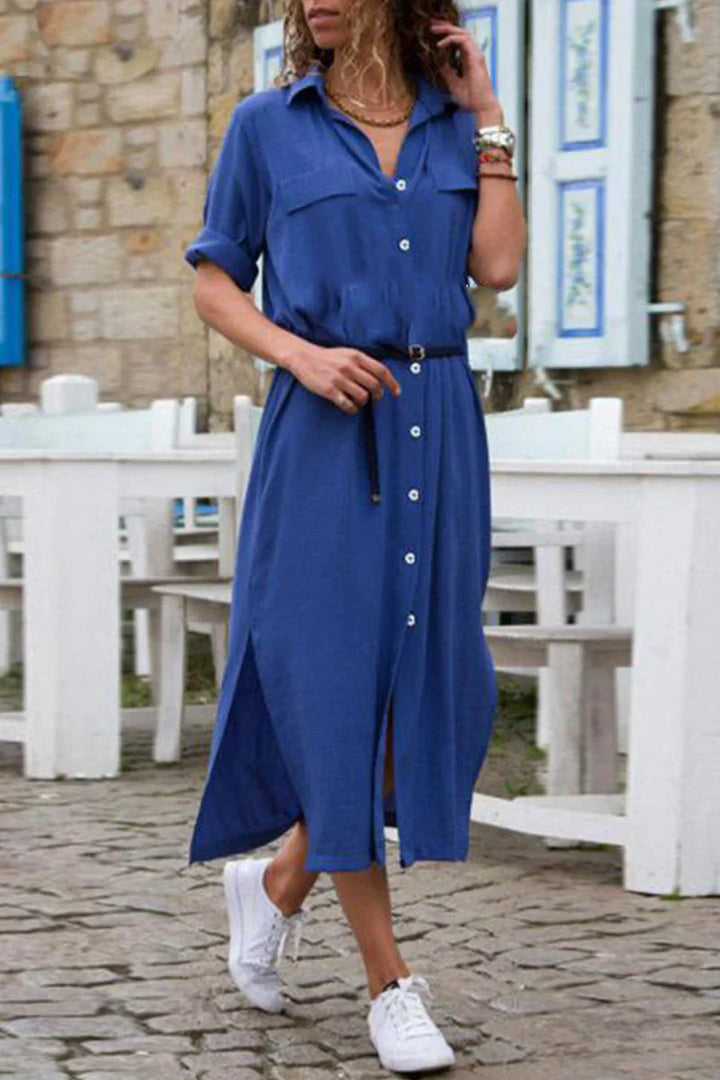 Janna | Vestido camisero informal con cuello vuelto y patchwork liso | Elegancia para el día a día