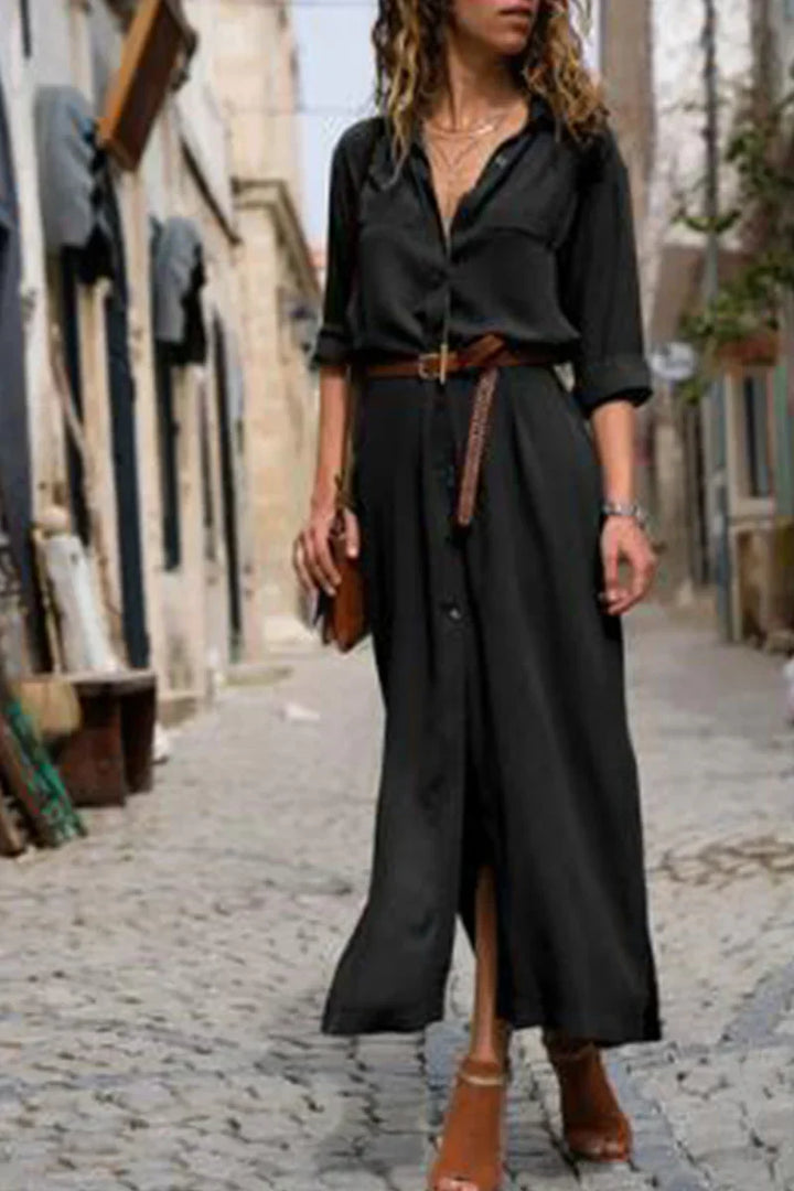 Janna | Vestido camisero informal con cuello vuelto y patchwork liso | Elegancia para el día a día
