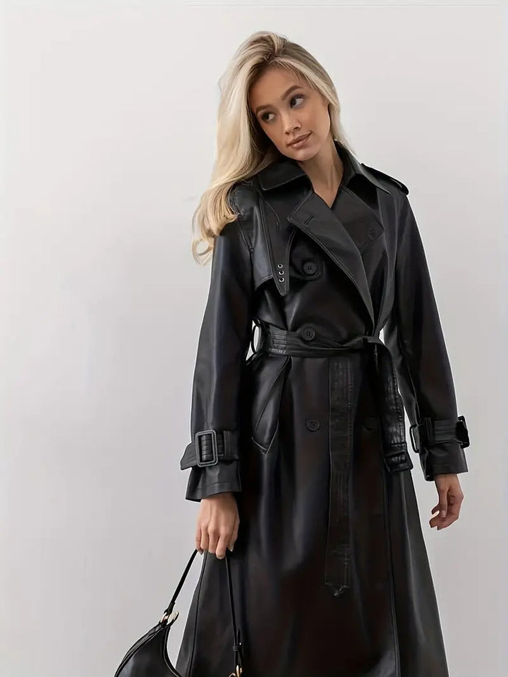 Trench-coat long en cuir femme | Ceinture, double boutonnage et larges revers