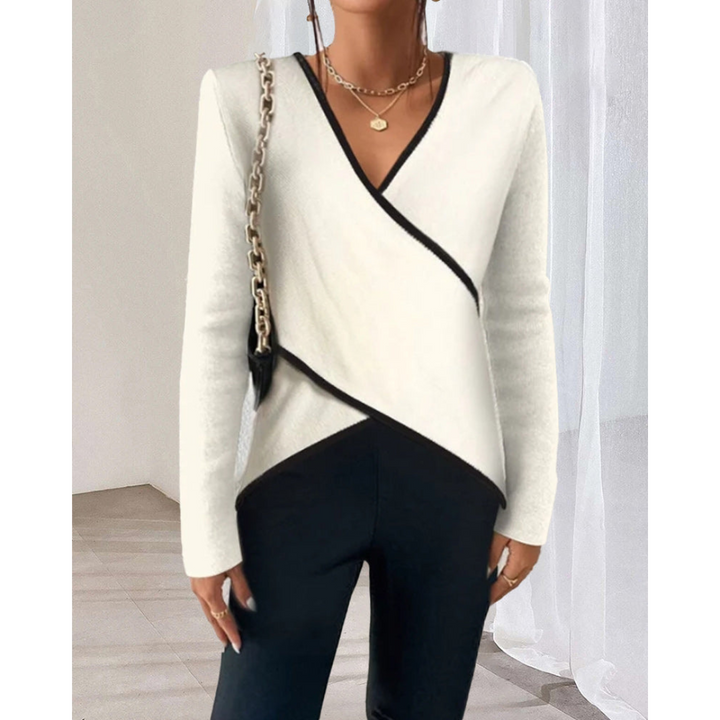 Genevièvi Pull Femme Élégant | Col V Croisé et Manches Longues