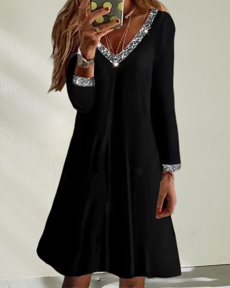 Vestido de noche negro corto | Elegancia informal con lentejuelas y escote en V