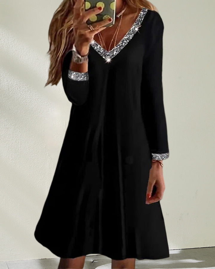 Vestido de noche negro corto | Elegancia informal con lentejuelas y escote en V