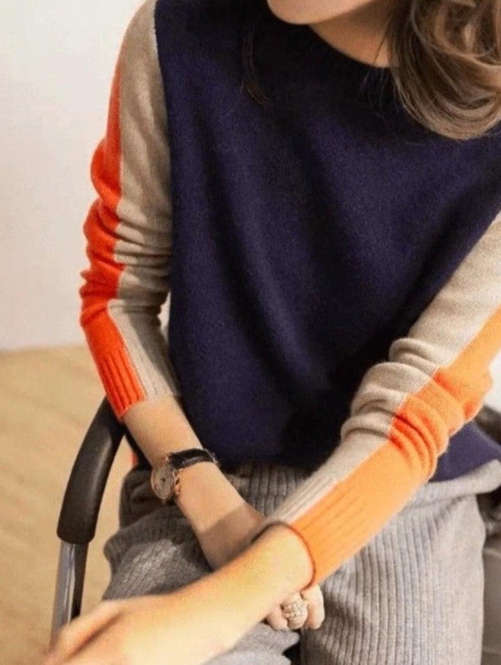 Véronique Pull Marine et Orange avec Rayures Rétro | Confort et Élégance au Quotidien