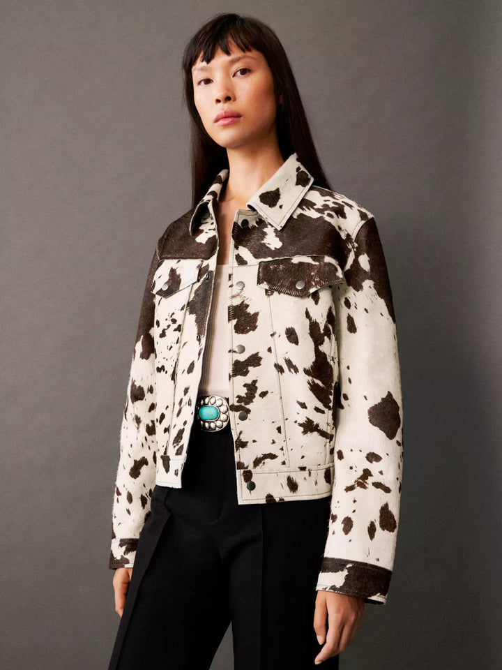 Emman Veste en Similicuir Femme | Imprimé Vache & Animalier - Manches 7/8 Modernes