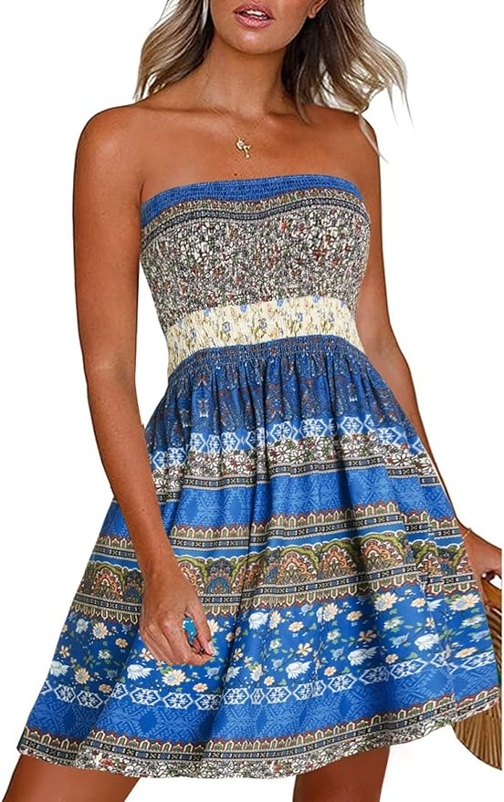 Nea Femme Robe boho sans bretelles avec impression de fleurs | Robe d'été pour la plage & le quotidien