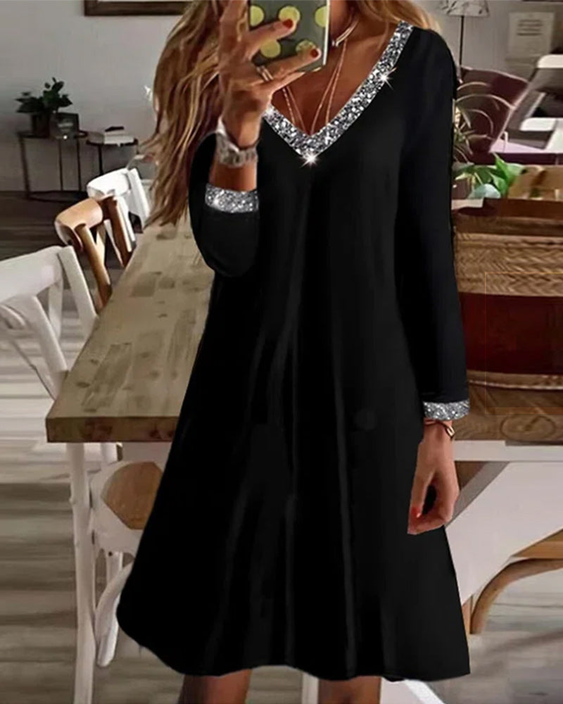 Vestido de noche negro corto | Elegancia informal con lentejuelas y escote en V
