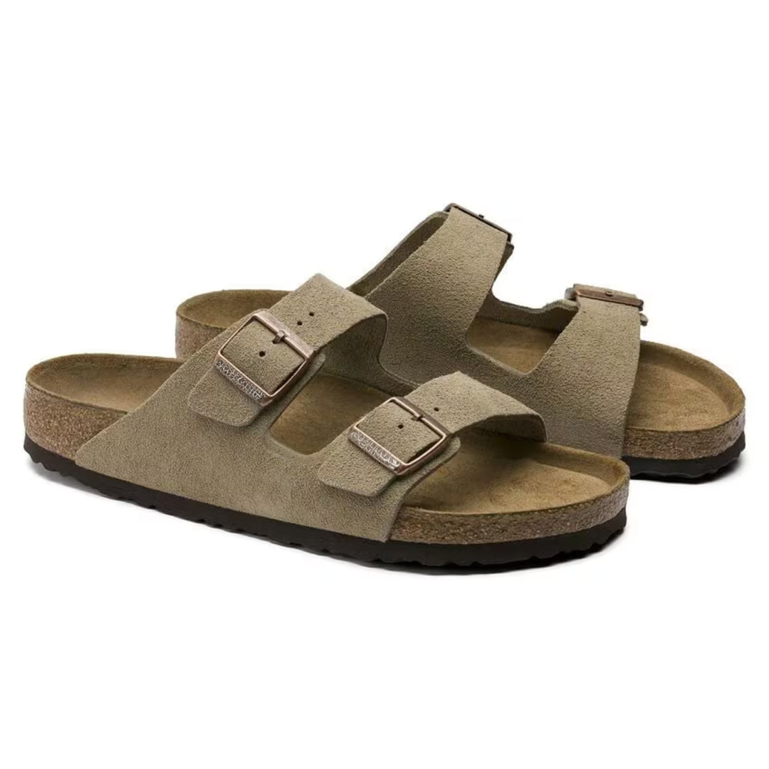 Arizona | Cuir Velours Taupe – Sandales Décontractées à Lit de Pied Anatomique Souple