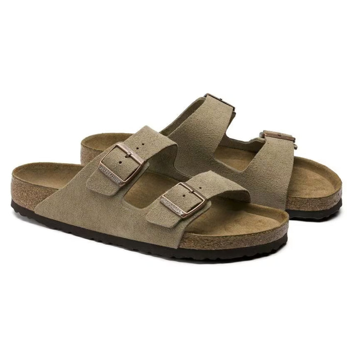 Arizona | Cuir Velours Taupe – Sandales Décontractées à Lit de Pied Anatomique Souple