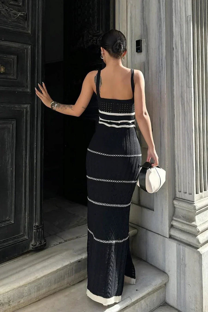 Mila robe maxi avec accents crochetés et rayures | Robe d'été boho avec col en V