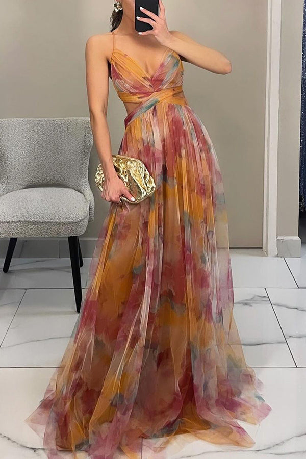 Abito lungo da donna Celeste | Abito in chiffon arioso con stampa floreale e spalline regolabili 