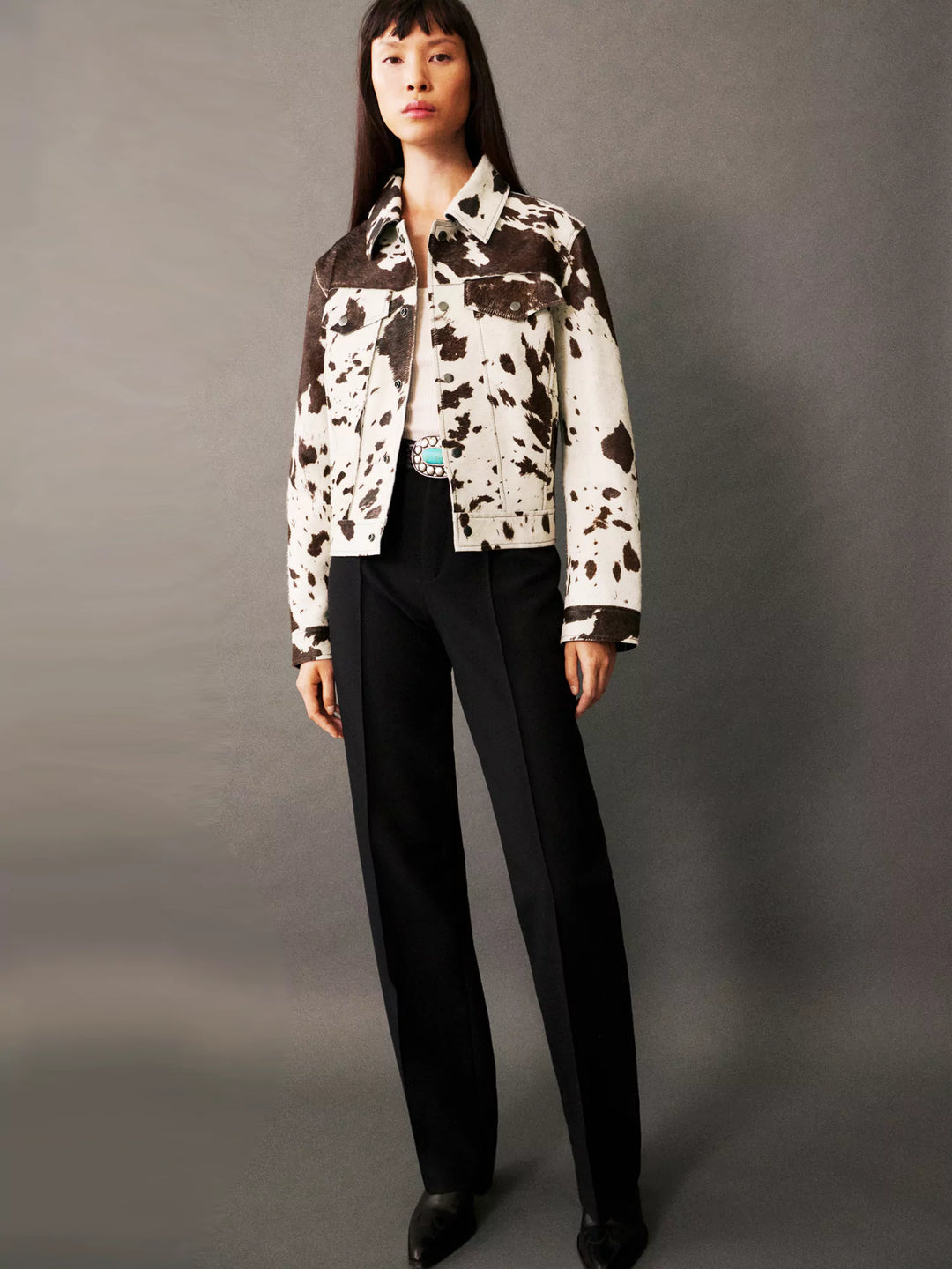 Emman Veste en Similicuir Femme | Imprimé Vache & Animalier - Manches 7/8 Modernes