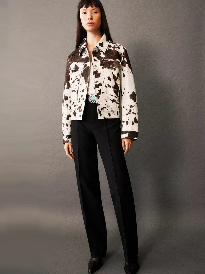 Emman Veste en Similicuir Femme | Imprimé Vache & Animalier - Manches 7/8 Modernes