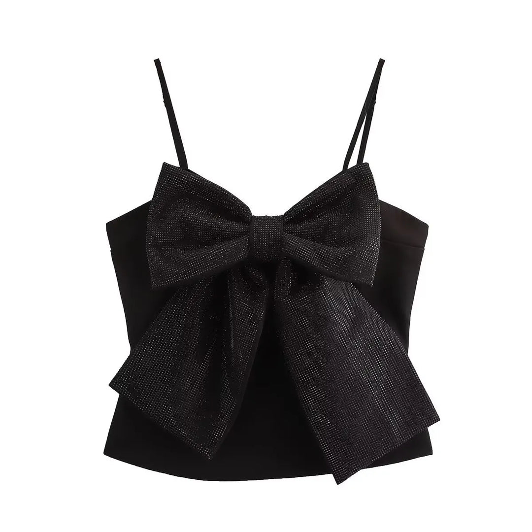 Loulou Débardeur femme pailleté avec noeud | Débardeur noir à paillettes pour les fêtes & occasions spéciales