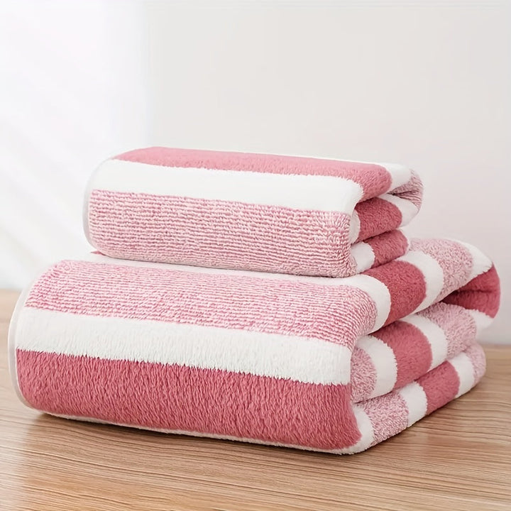 Set de Serviettes 2 Pièces | Drap de Bain et Serviette Rayée Absorbante et Séchage Rapide