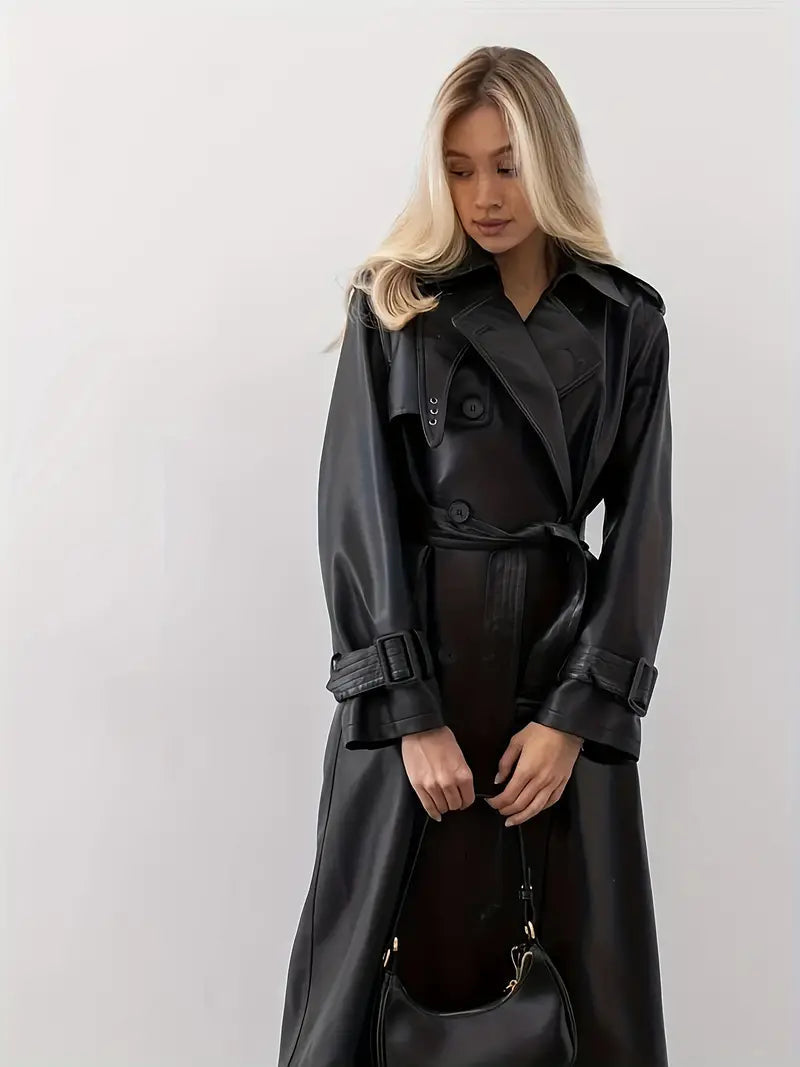 Trench-coat long en cuir femme | Ceinture, double boutonnage et larges revers