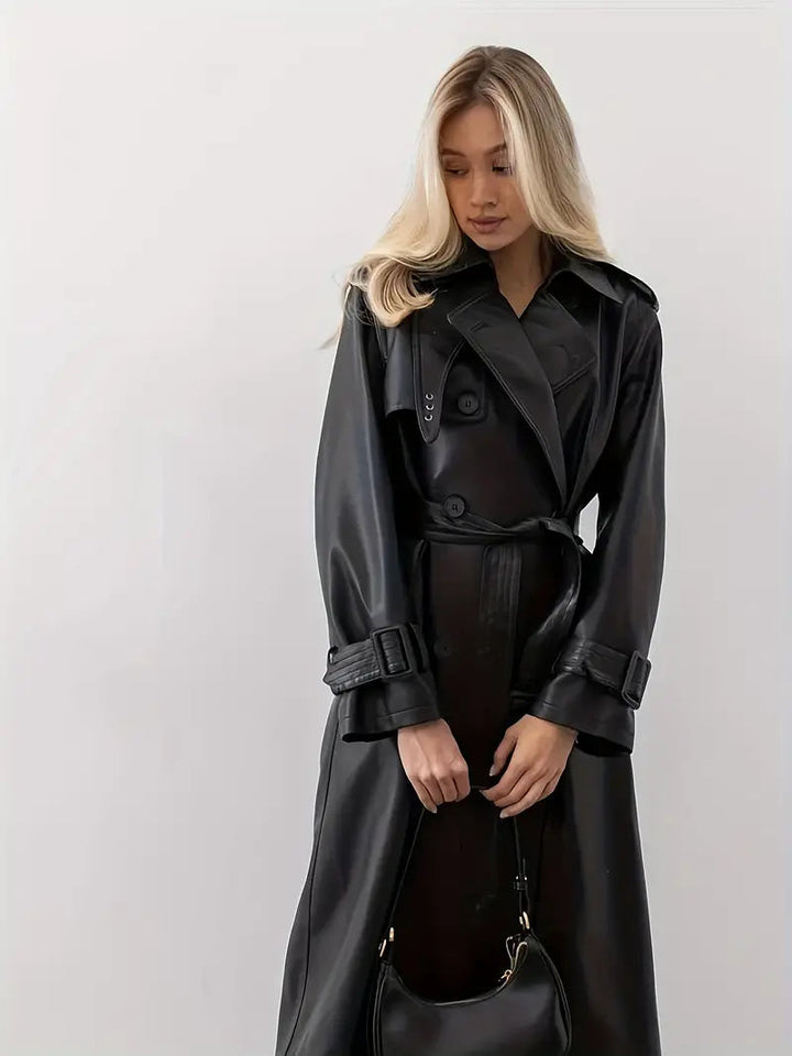 Trench-coat long en cuir femme | Ceinture, double boutonnage et larges revers