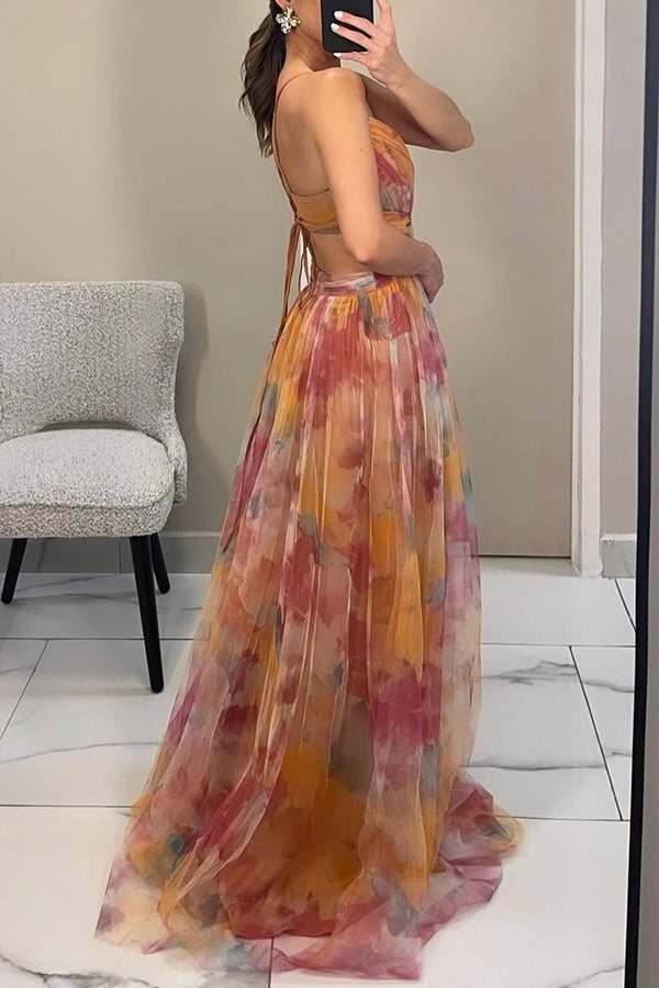 Abito lungo da donna Celeste | Abito in chiffon arioso con stampa floreale e spalline regolabili 