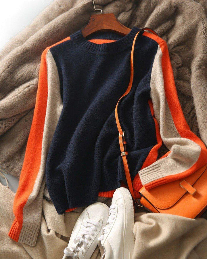 Véronique Pull Marine et Orange avec Rayures Rétro | Confort et Élégance au Quotidien