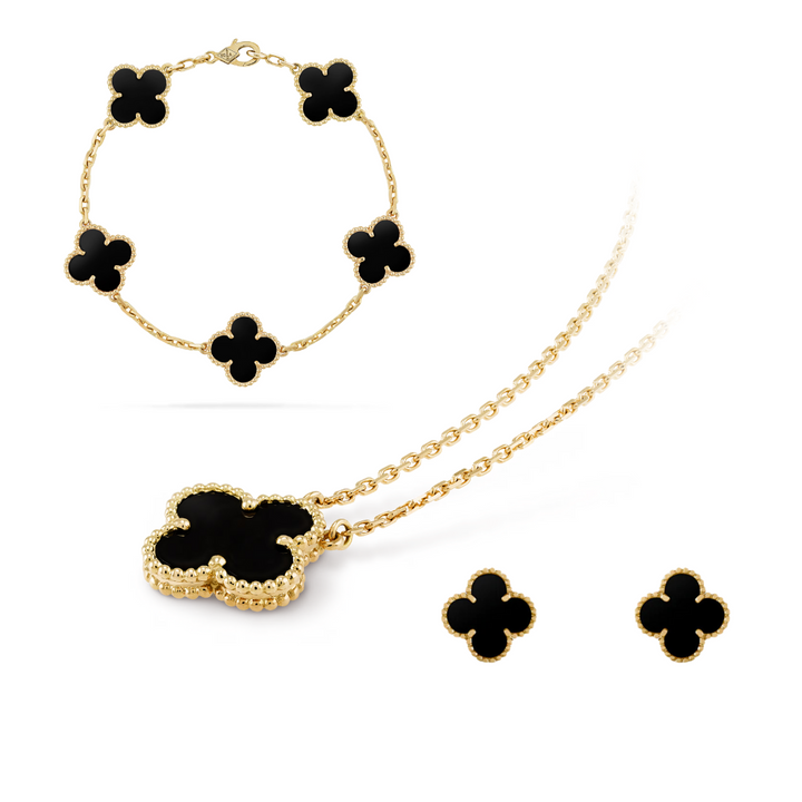 Conjunto de joyas Corbi Celeste Clover | Trébol negro, acero inoxidable chapado en oro de 18K, hipoalergénico
