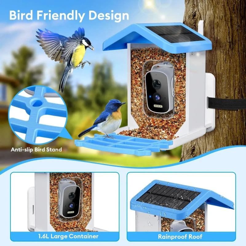 Comedouro inteligente para pássaros BirdieYou | Câmara 5MP Full HD com visão noturna e painel solar