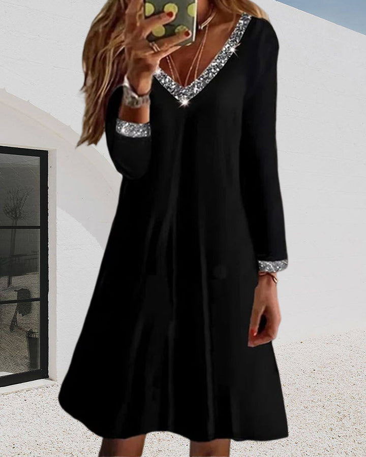 Vestido de noche negro corto | Elegancia informal con lentejuelas y escote en V