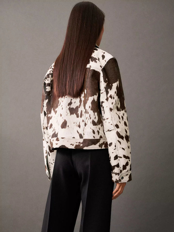 Emman Veste en Similicuir Femme | Imprimé Vache & Animalier - Manches 7/8 Modernes